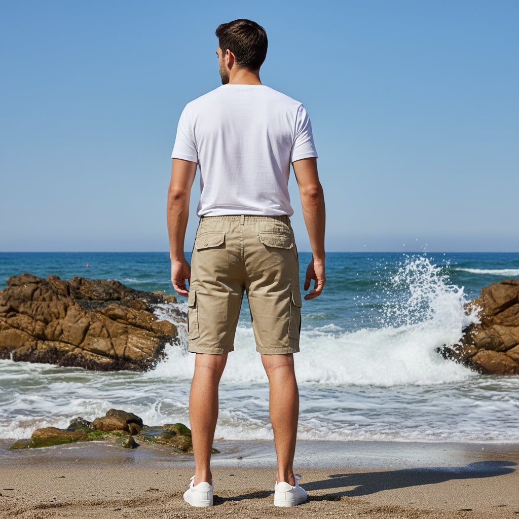 Men’s Beige Cargo Shorts 17-24 Years - Casual Drawstring Summer Shorts with Multiple Pockets | MH