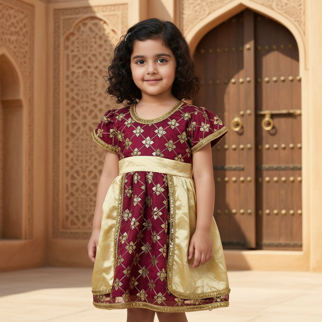 Omani Heritage Burgundy & Gold Toddler Dress - Festive Sequin Embroidery (Age 2 Years) 
Quantity 1pc
Size 2y