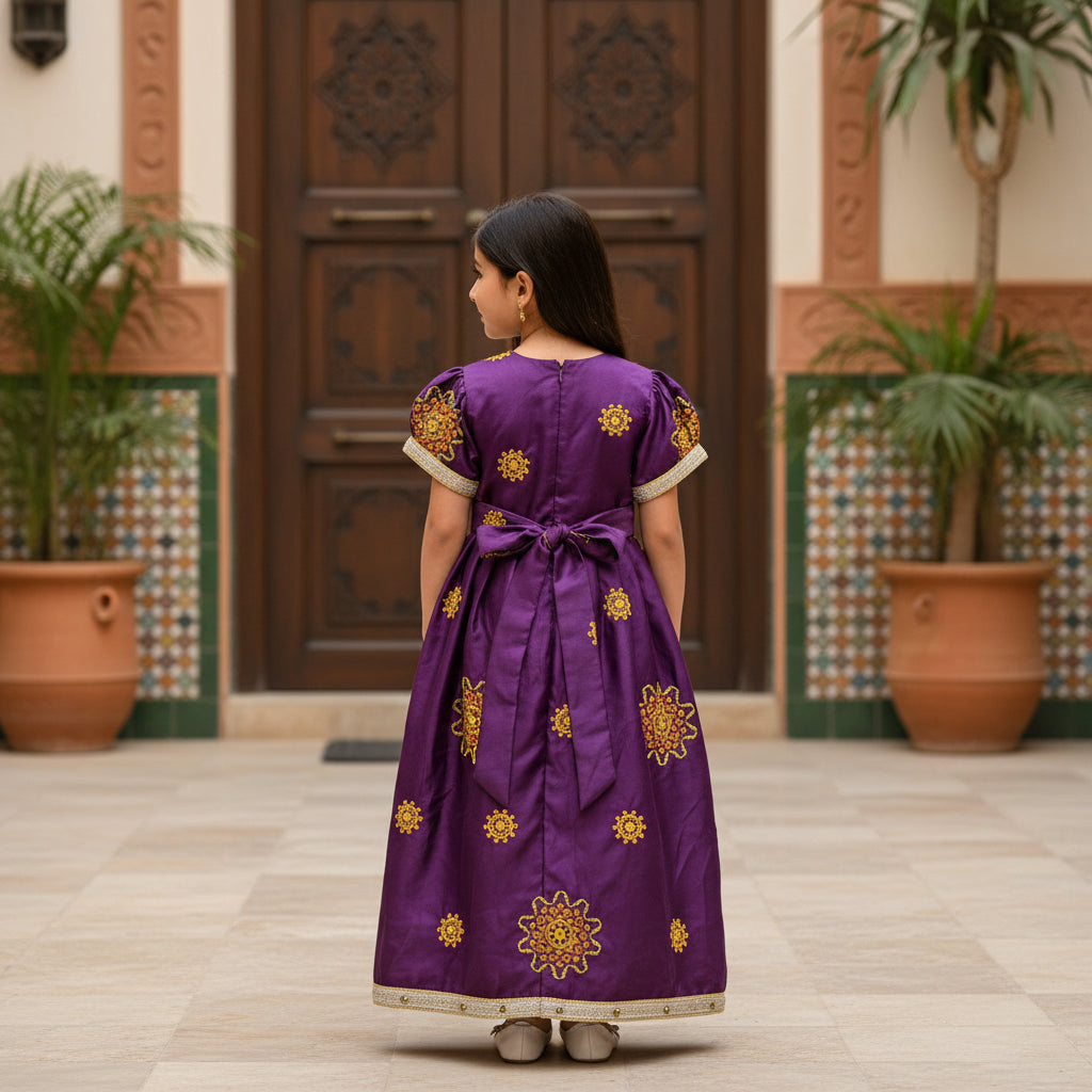 Girls Purple Arabic Kaftan Dress with Floral Embroidery – Modest Fashion | (28) 8 Years | MH