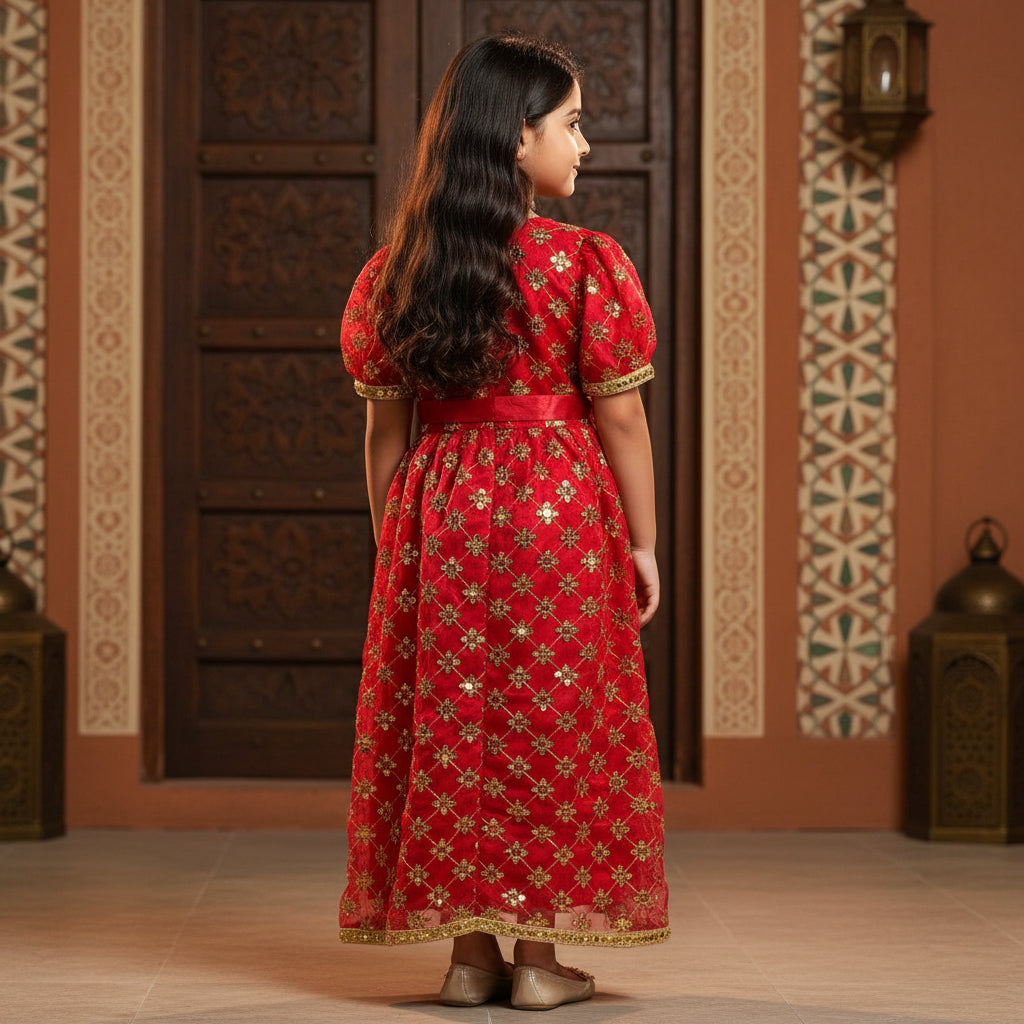 Red Gold Embroidered Girls Abaya Dress with Belt - Modest Islamic Kaftan for Kids | 4, 8 & 10 Years | MH