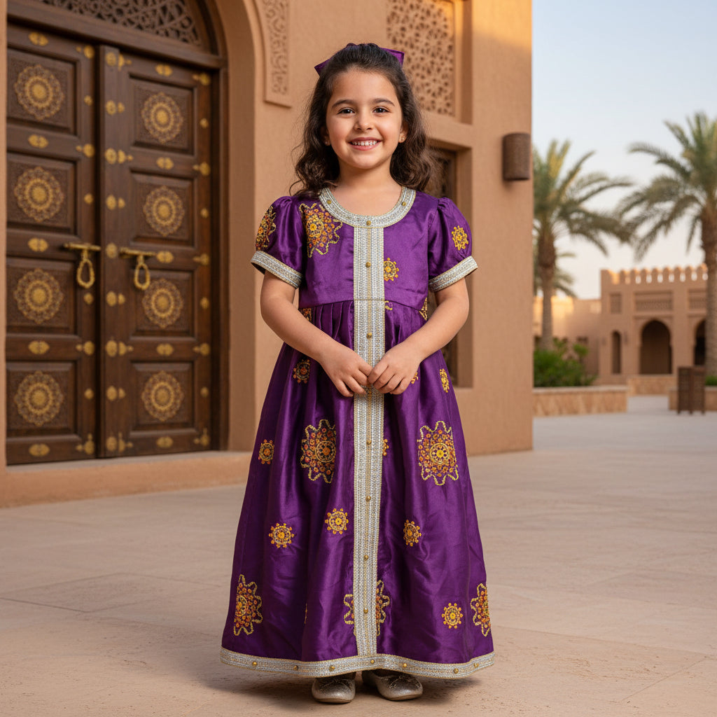 Girls Purple Arabic Kaftan Dress with Floral Embroidery – Modest Fashion | (28) 8 Years | MH