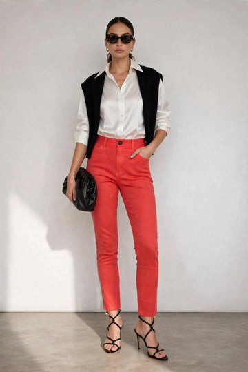 Women’s Coral Red Slim Fit Chino Cotton Casual Smart Pants | Sizes 26”–36” | MH
