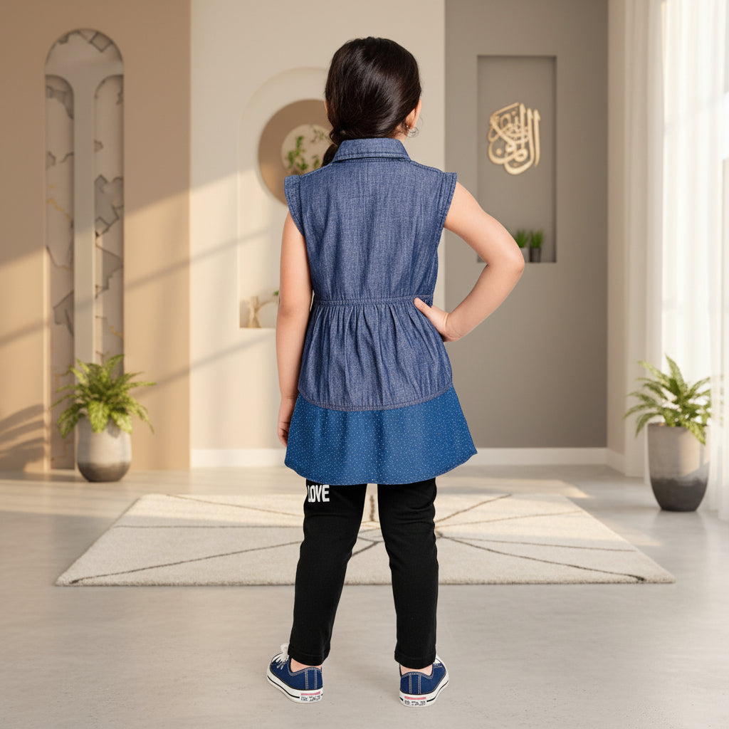 Sleeveless Button-Front Denim Dress with Cute Bunny Patch Detail |MH Size (2-12Years)