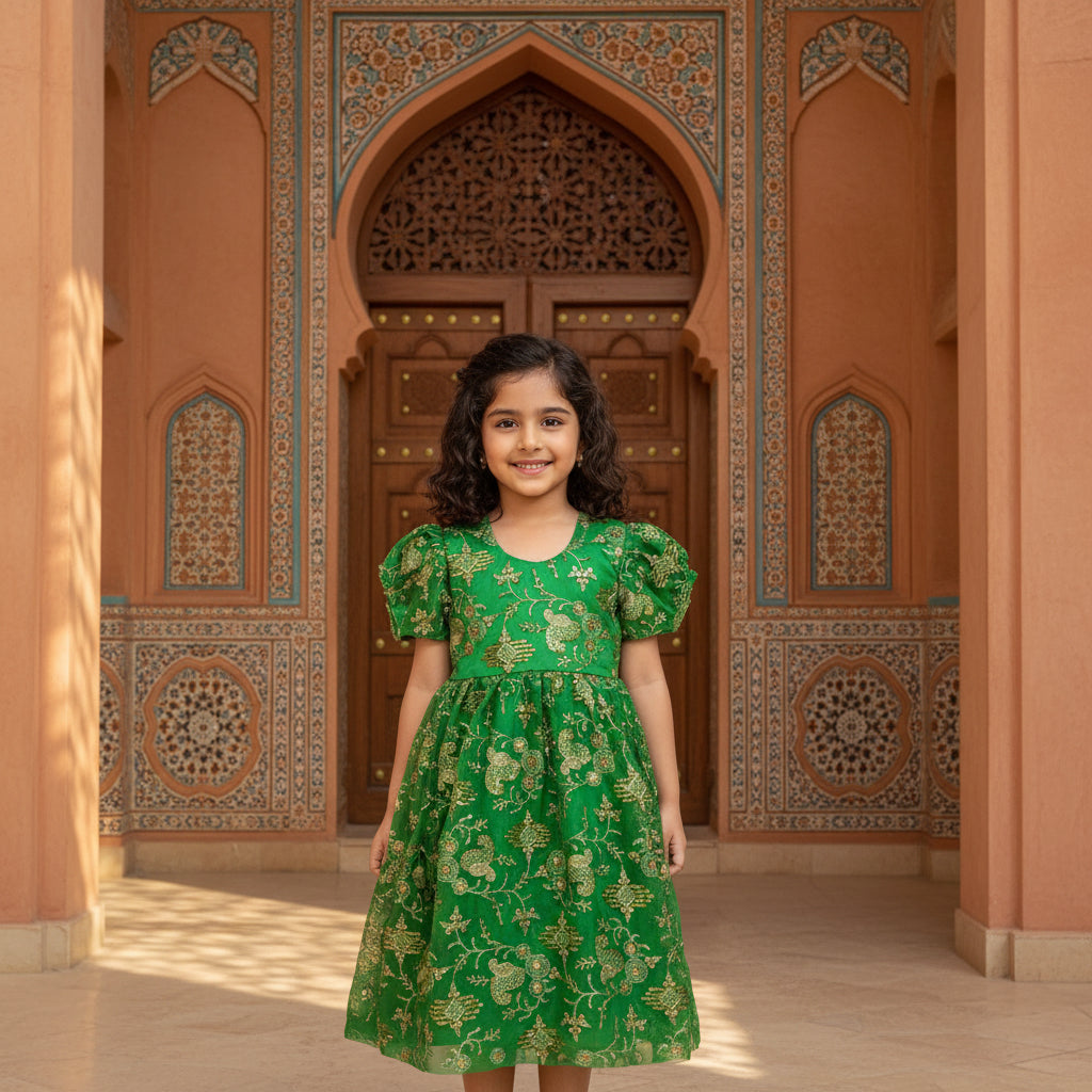 Girls Dress Omani Forest Green Paisley Gold Embroidered-Heritage Formal | (Age 10 Years) | MH