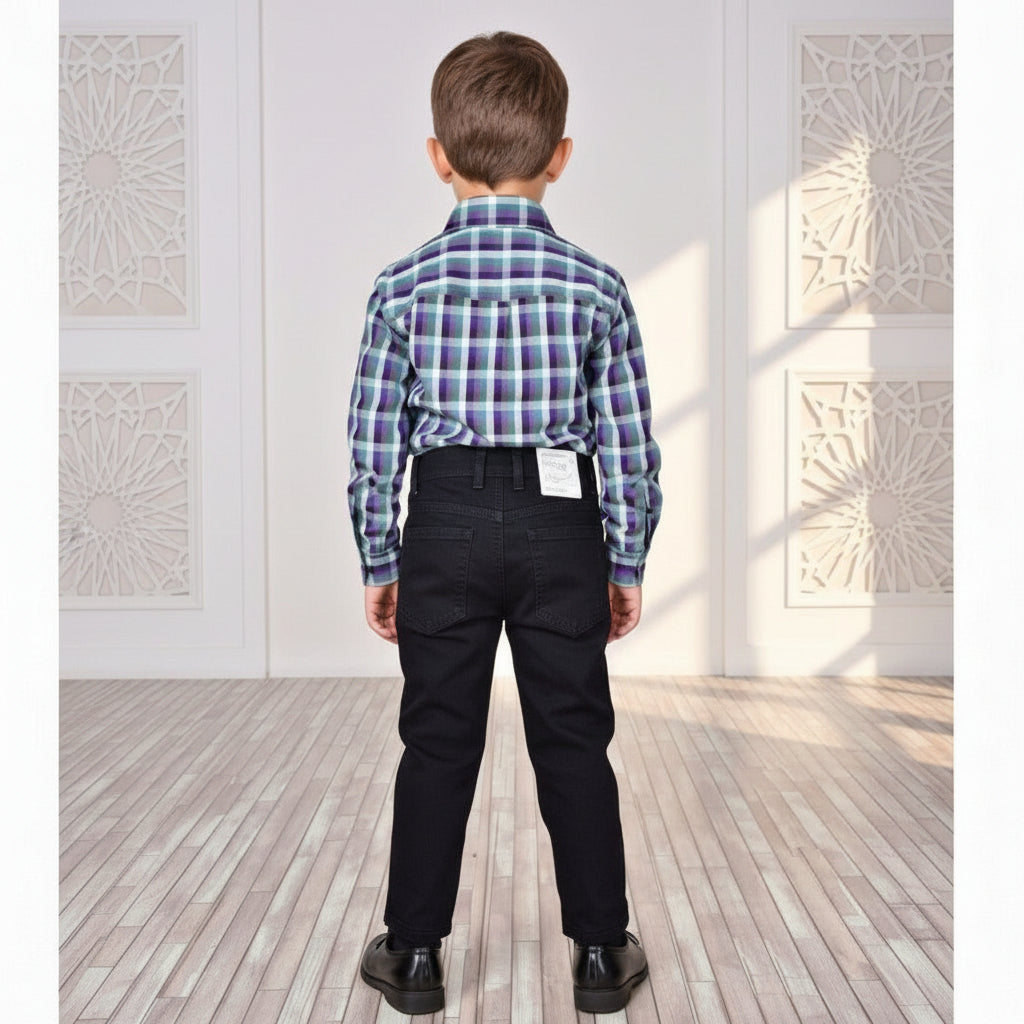 Smart Checkered Shirt with Denim Pants Kids Outfit Set