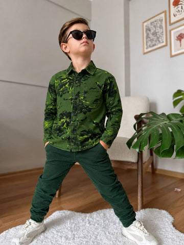 Boys Olive Green Camo Tropical Shadow Print Long Sleeve Shirt | Chest Pocket Dark Buttons Casual | Ages 3–14 Years | MH