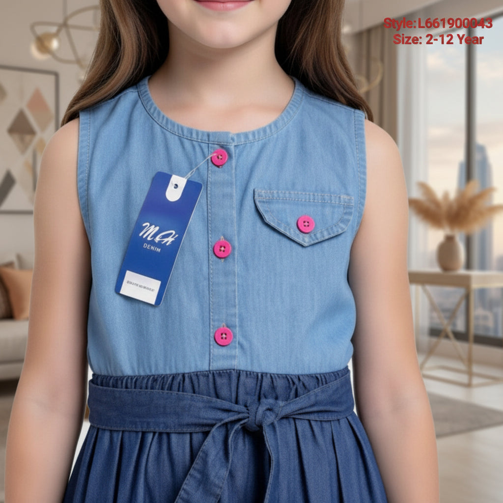 Chic Two-Tone Denim Bow Waist Dress for Girls.Sizes(2-12Years) | MH