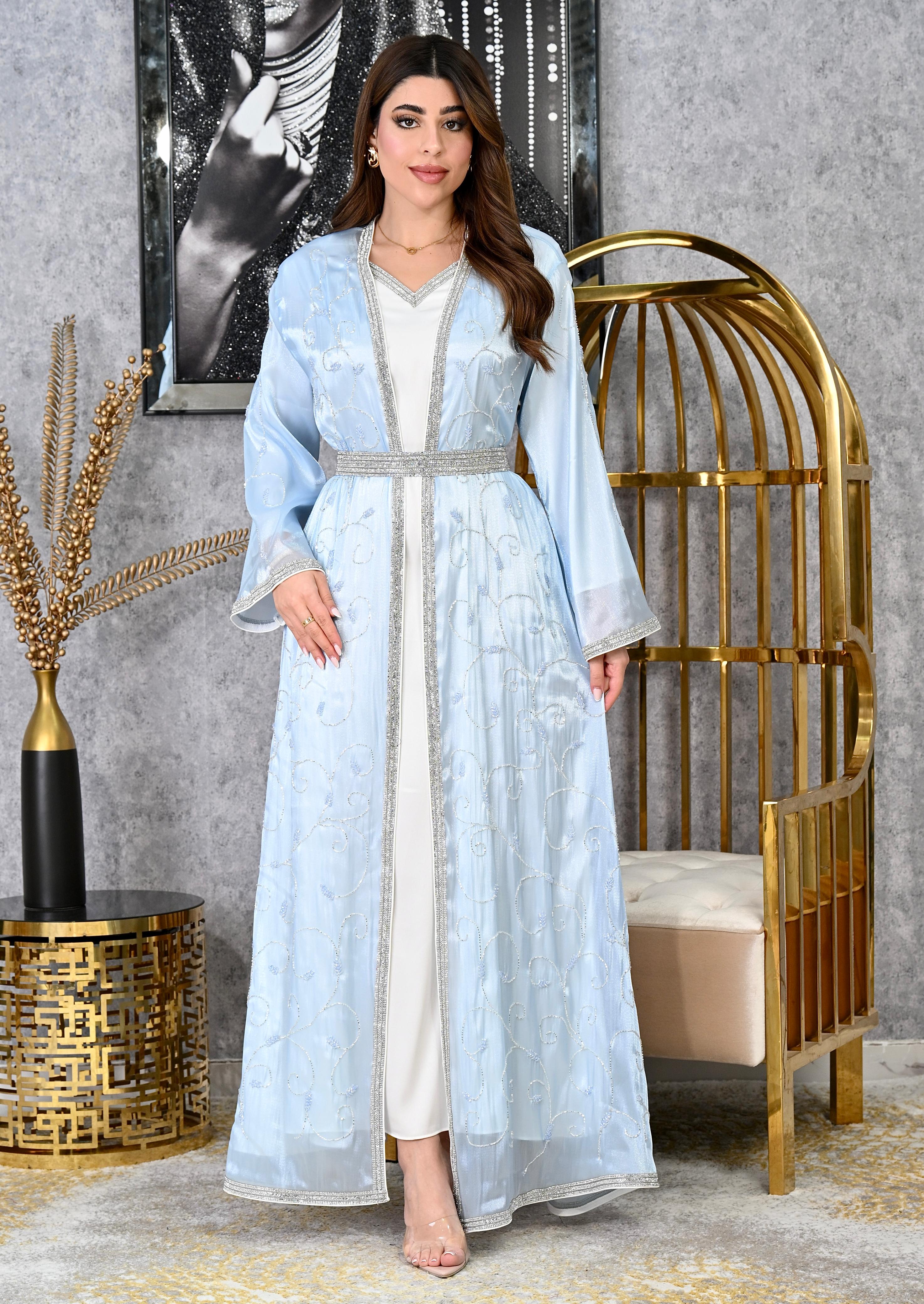 Diamond Trim Embroidered Kaftan with Inner Dress | Modest Evening Wear | 4 Colors | Sizes S-XL | MH