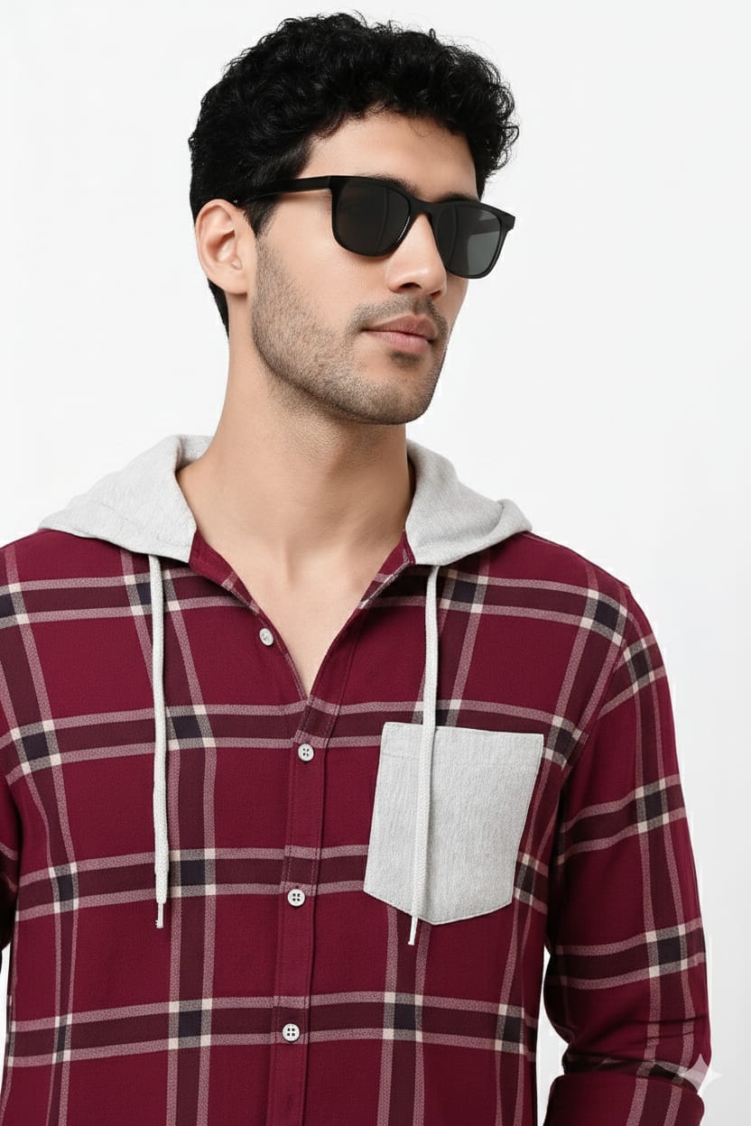 Men’s Olive Green Checkered Hooded Casual Shirt – Full Sleeve | Sizes S-XXL | MH
