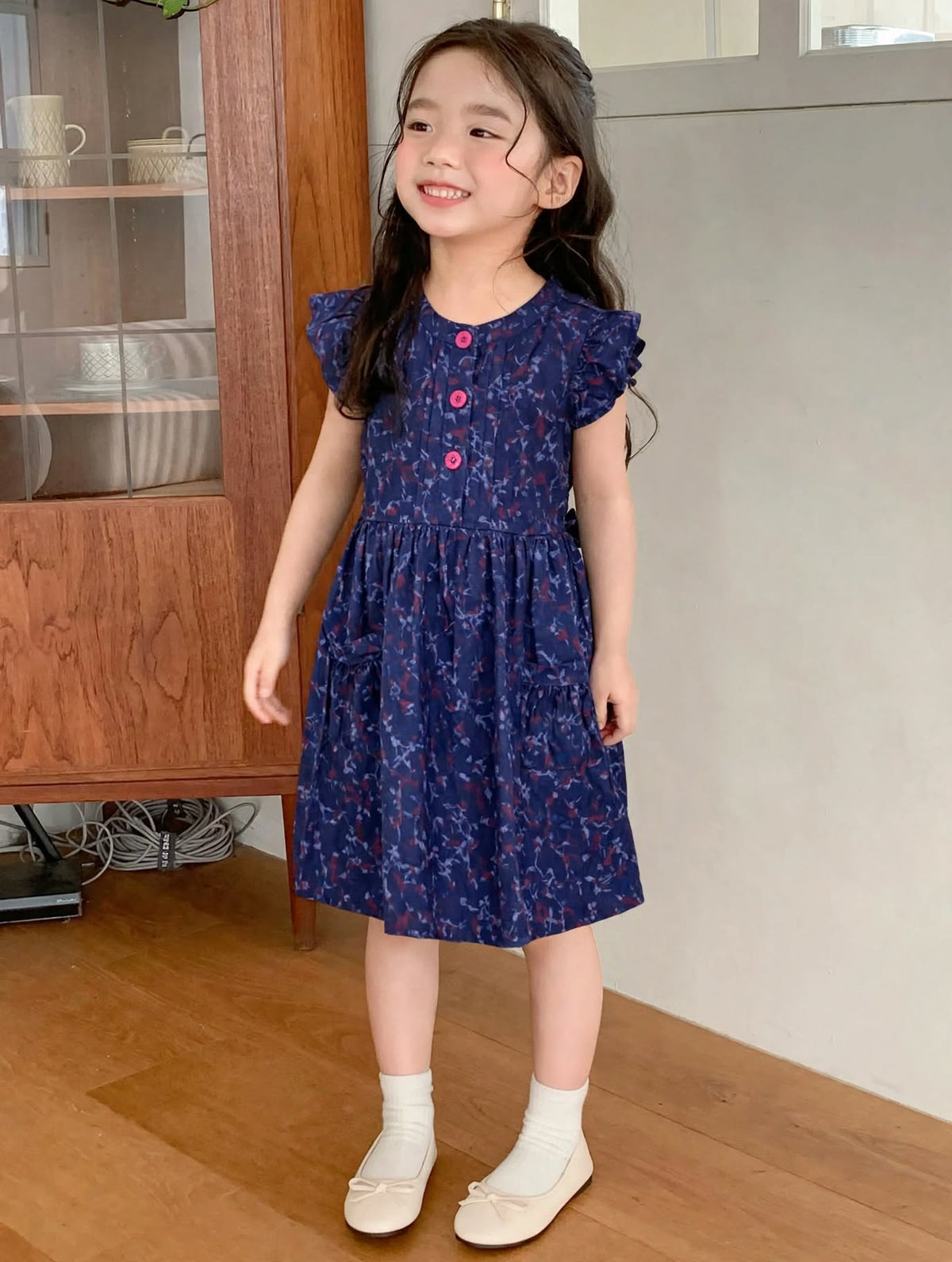 Girls Flower Printed Blue Denim Button-Down Tunic (2–12 Years)