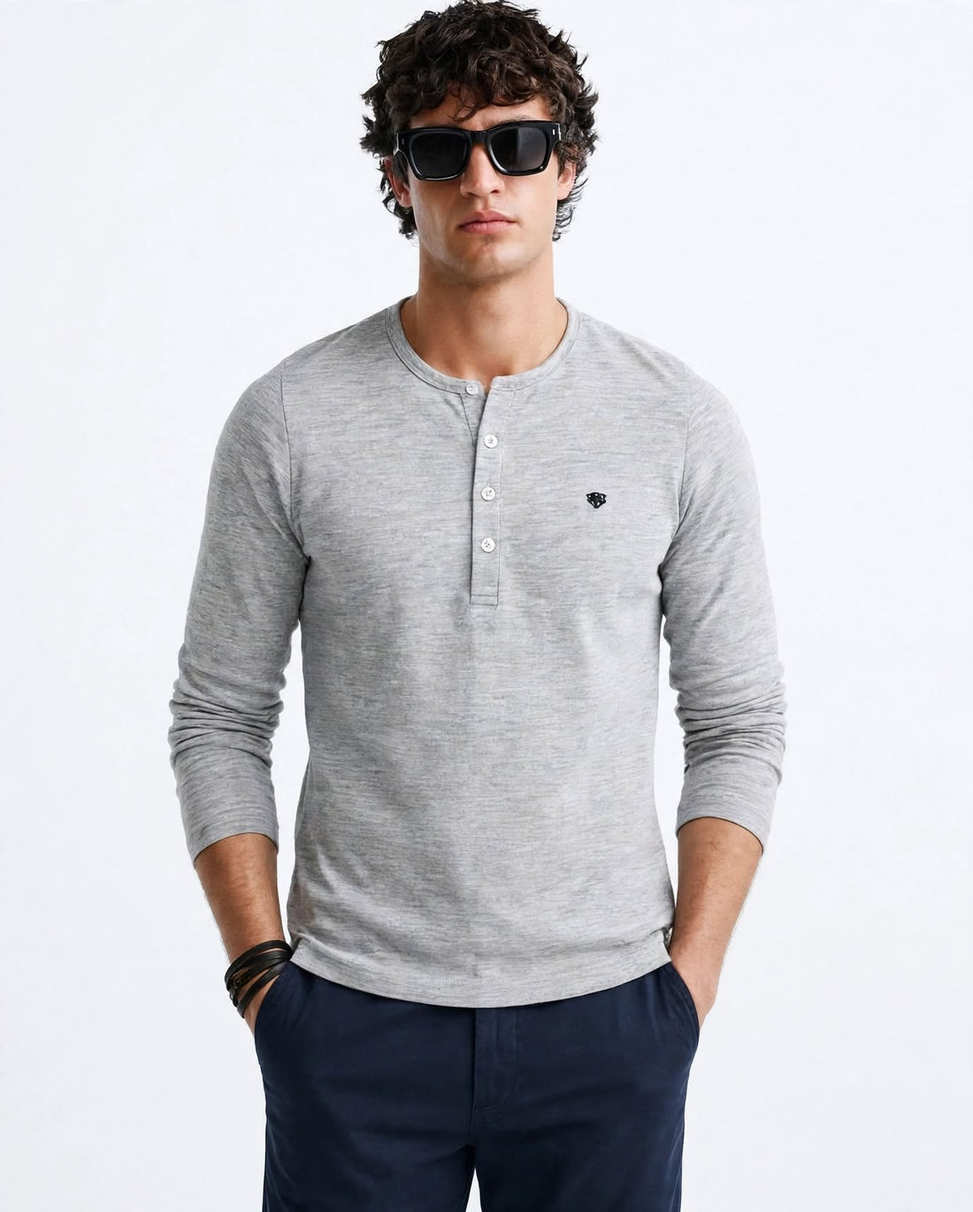 Men’s Grey Henley Long Sleeve Top S to XXL | Soft Casual Button Shirt with Small Chest Logo | MH