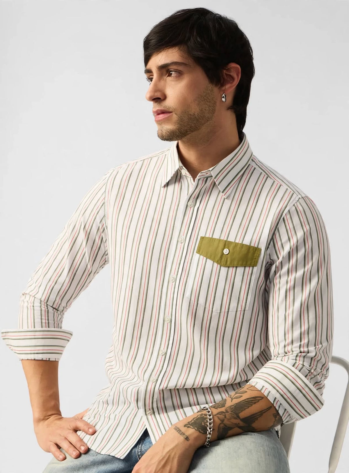 Men’s 90's Retro Striped Cotton Shirt with Contrast Flap Pocket | MH