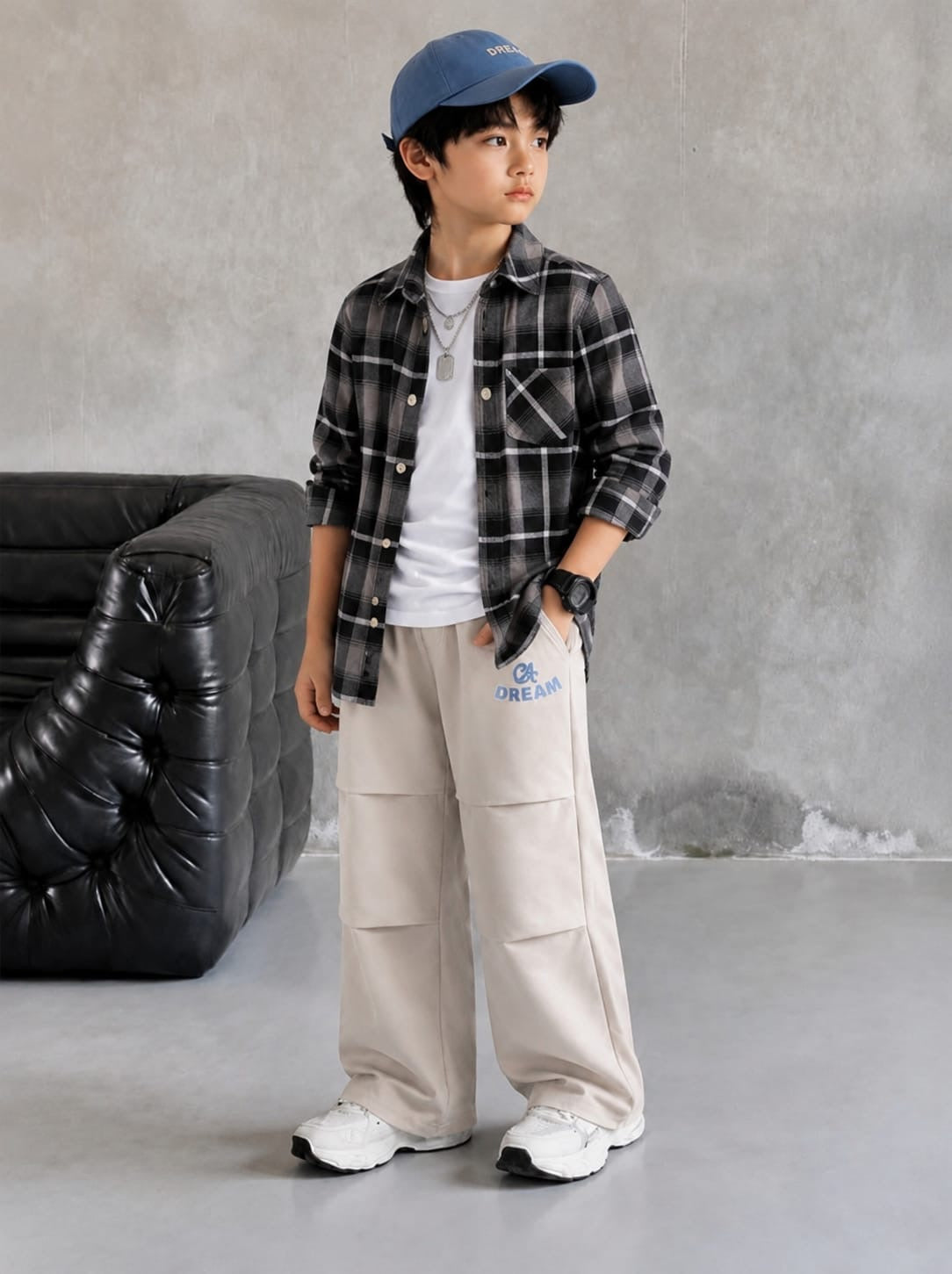 Classic Plaid Button-Up Shirt with Black Zipper Denim Kids. Sizes(1-12Years)| MH