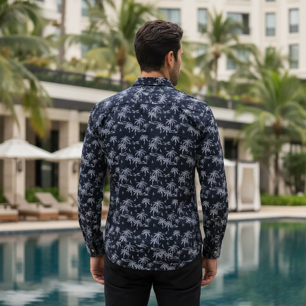 Men's Navy Blue Palm Tree Print Shirt | Tropical Smart-Casual Button-Down (Sizes S-XL) | MH