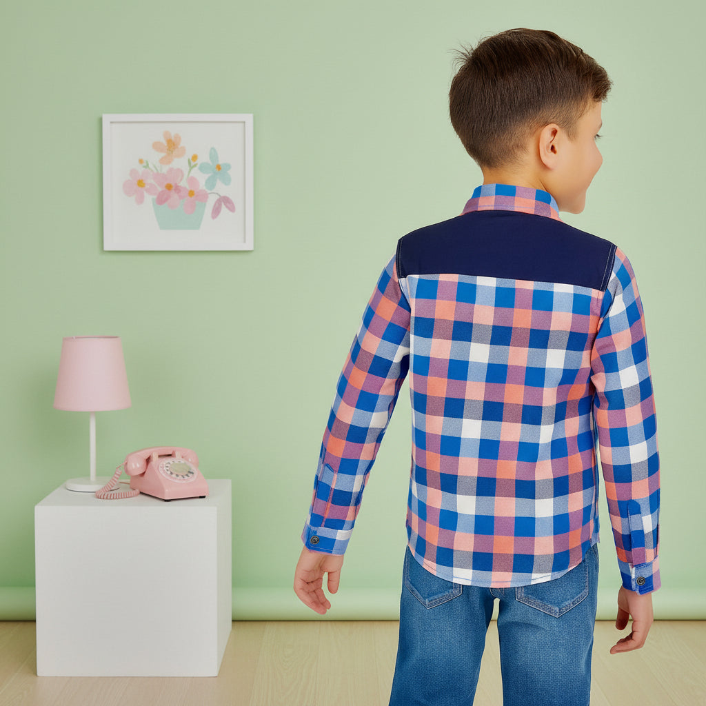 Boys’ Checkered Multi-Color Long Sleeve Button Up Shirt Plaid Contrast Shoulders | Sizes 2-12Years | MH