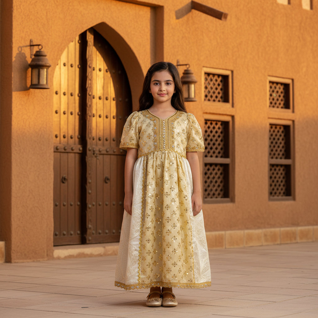 Girls Gold Traditional Eid Dress Embroidered Party Gown | Size 6 Years | MH