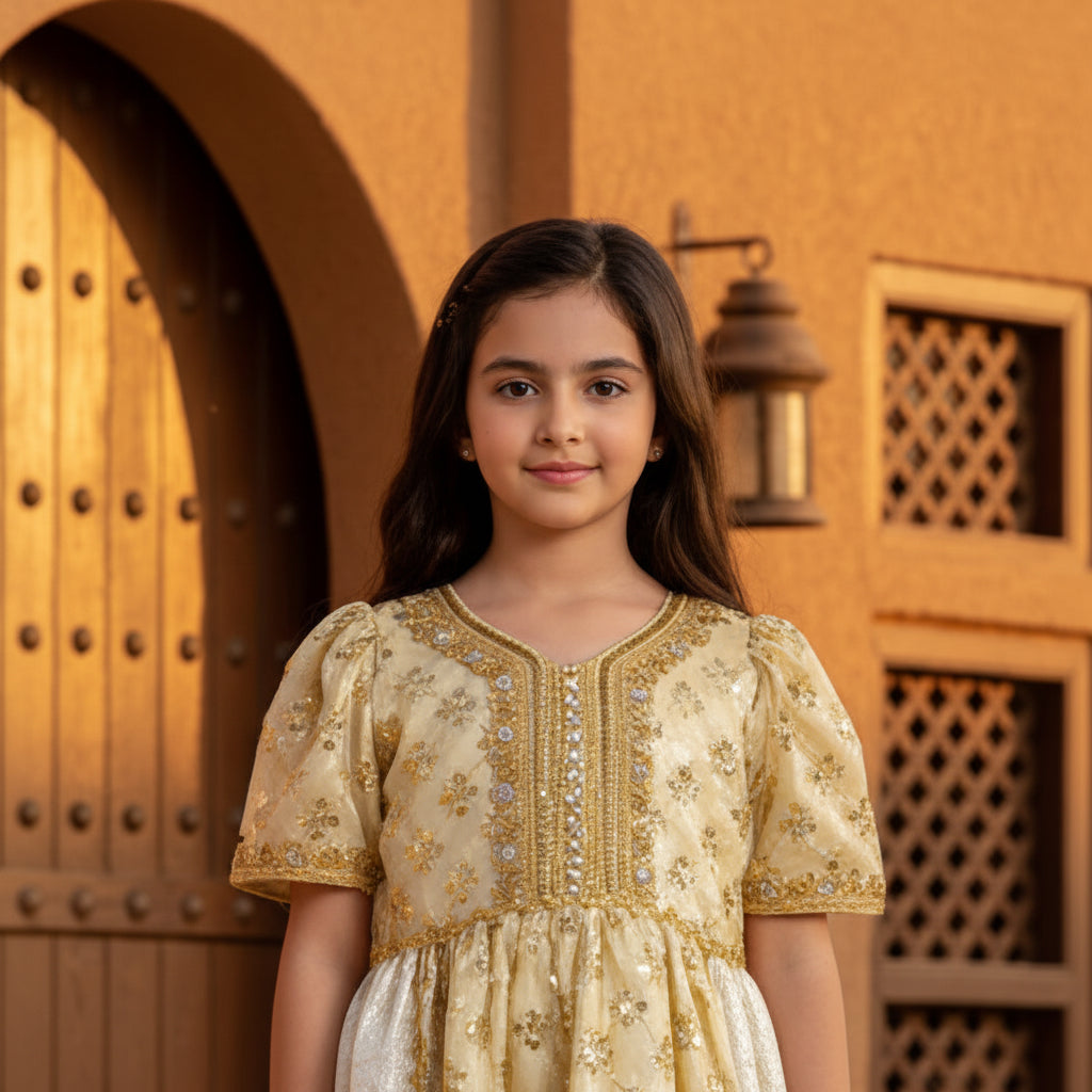 Girls Gold Traditional Eid Dress Embroidered Party Gown | Size 6 Years | MH