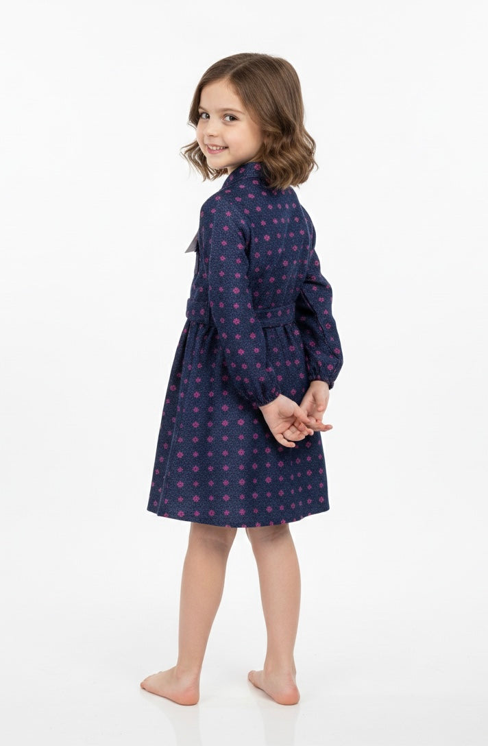 Girls' Blue Denim Cyan Prints Ruffle Sleeve Floral Belted Dress (2-12 Years) | MH