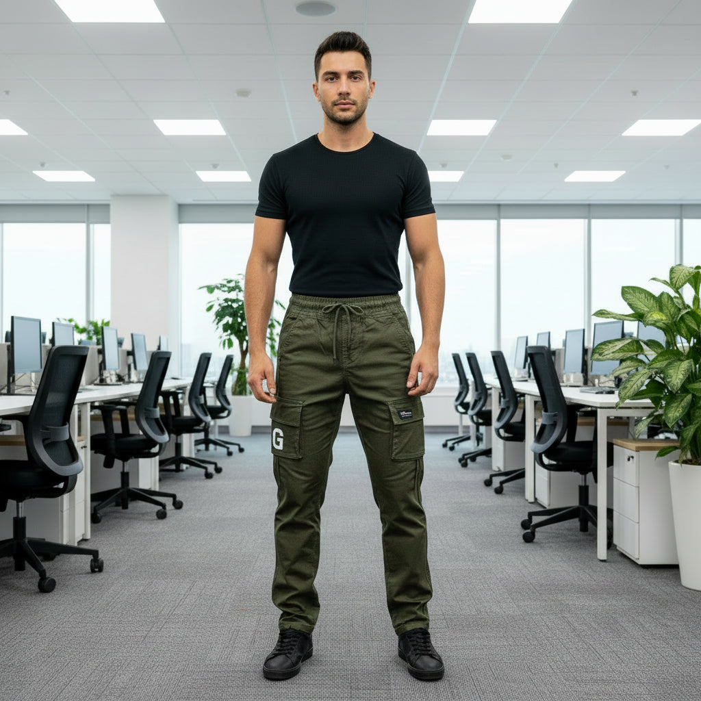 Young Men’s Olive Green Cargo Joggers 17-24 Years | Stylish Multiple Pockets Jogger Pants with “G” Patch | MH