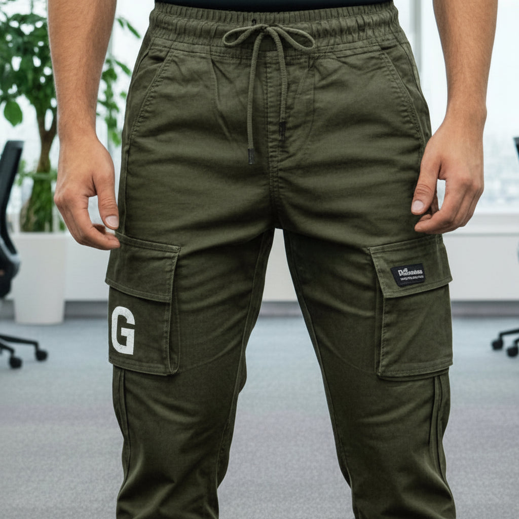 Young Men’s Olive Green Cargo Joggers 17-24 Years | Stylish Multiple Pockets Jogger Pants with “G” Patch | MH