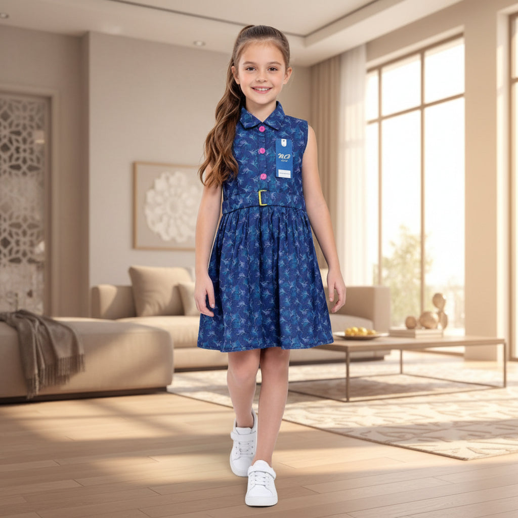 Elegant Navy Floral Sleeveless Belted Girls Dress | MH