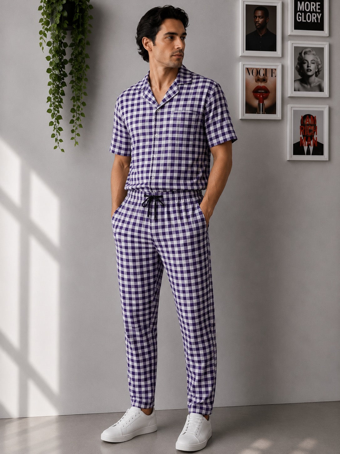 Men's Red, Black, and White Checkered Loungewear Set | Sizes S-XXL | MH