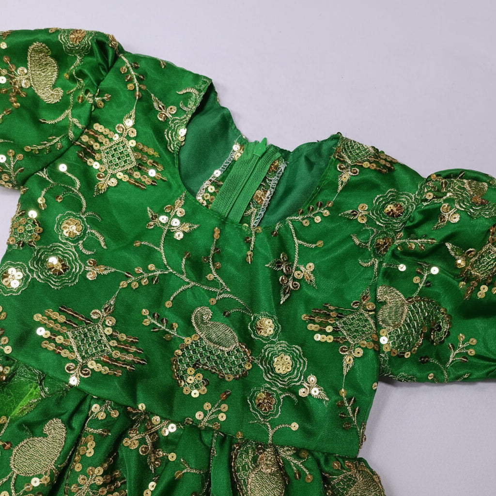 Girls Dress Omani Forest Green Paisley Gold Embroidered-Heritage Formal | (Age 10 Years) | MH