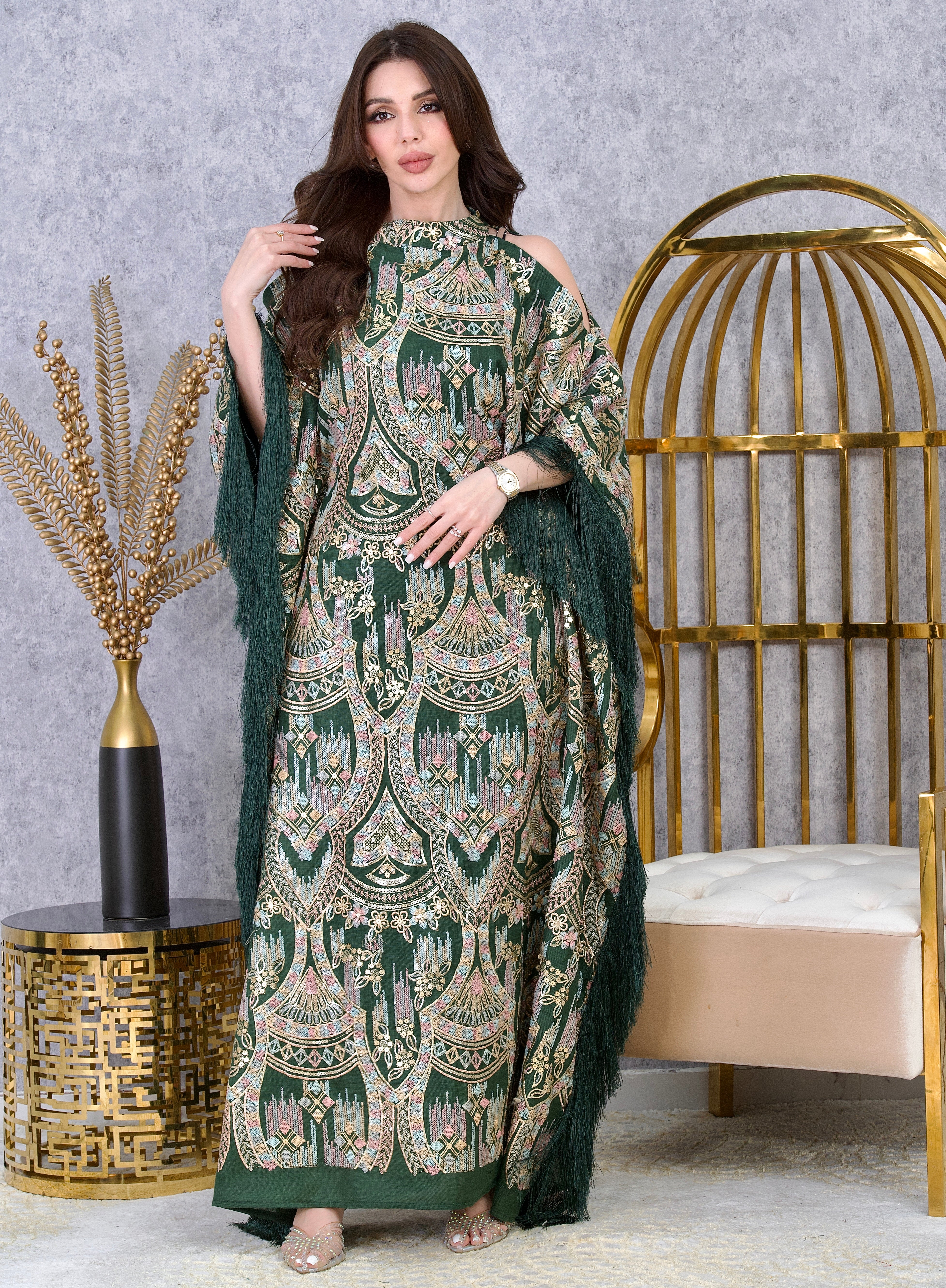 Royal Embroidered Kaftan Dress with Fringe Sleeves | Luxury Evening Abaya UAE | 4 Colors | Sizes M-XXL | MH