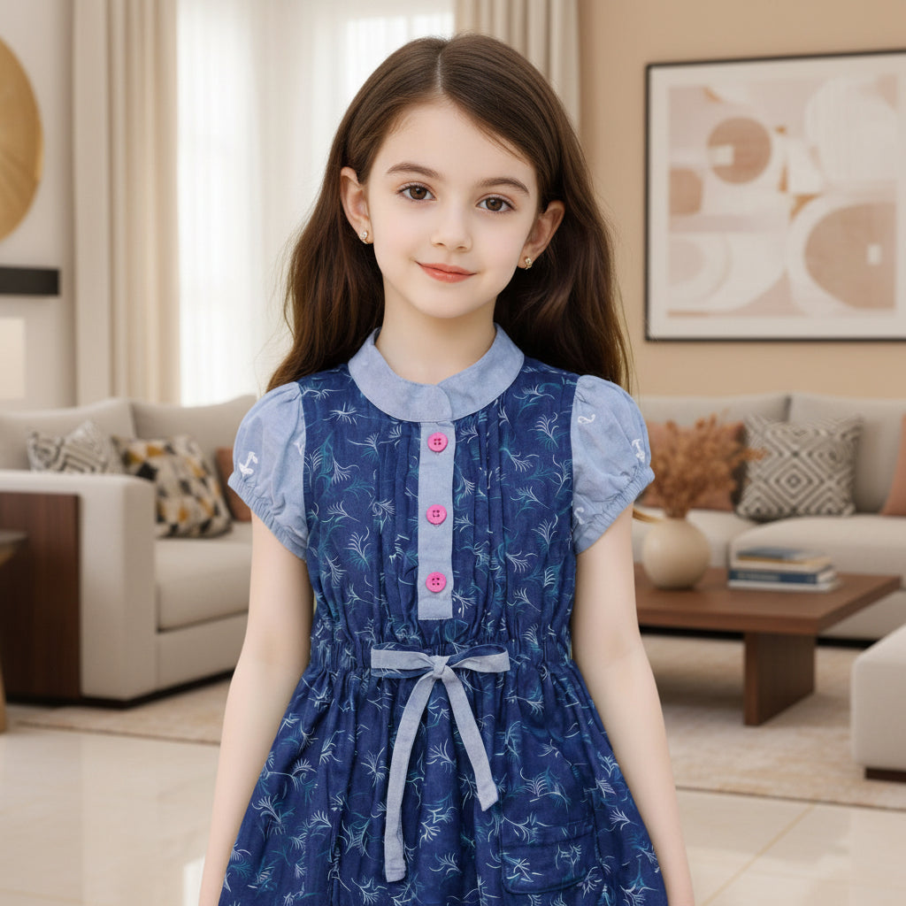 Elegant Floral Button-Front Girls Dress with Waist Tie Detail,Sizes(2-12Years) | MH