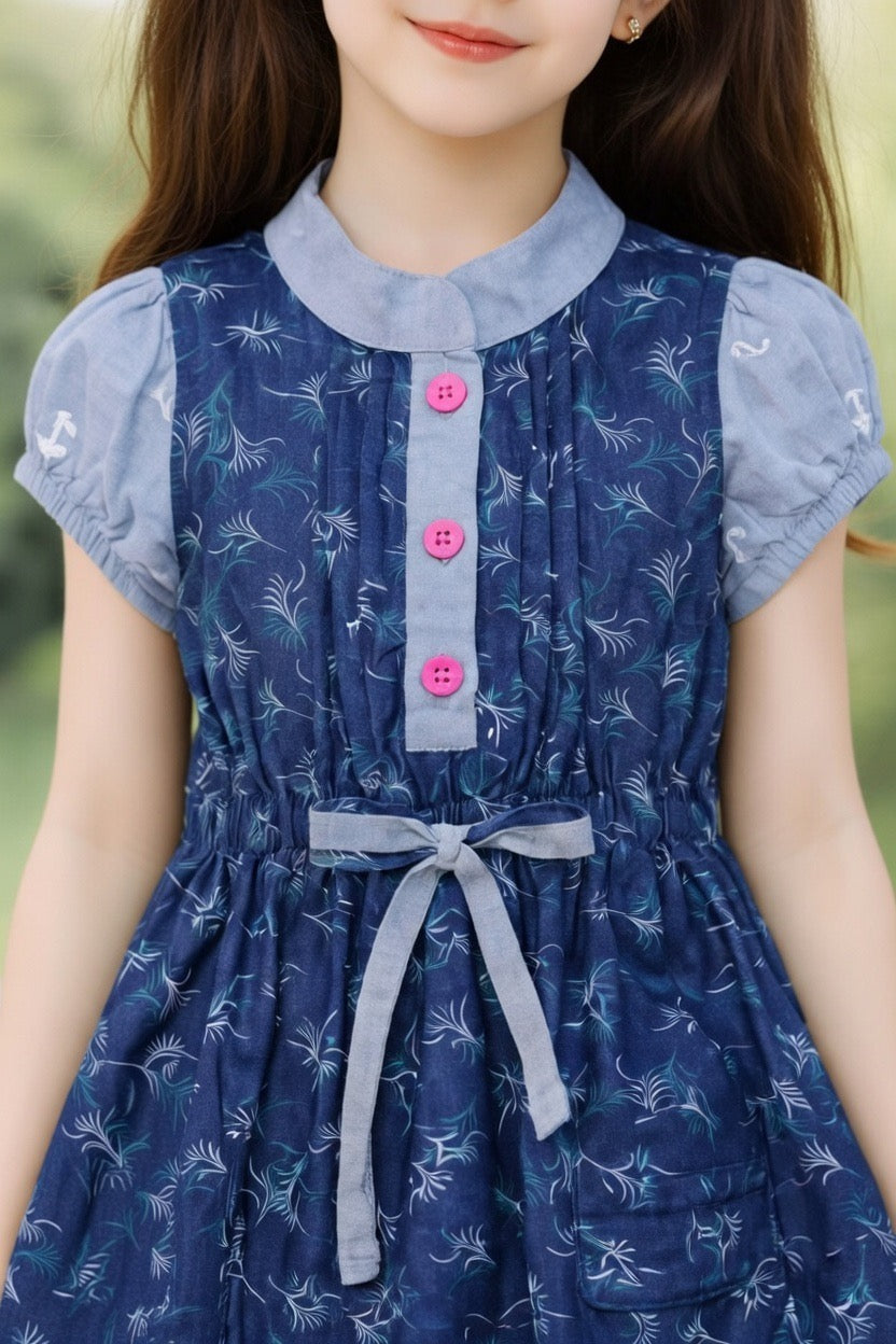 Elegant Floral Button-Front Girls Dress with Waist Tie Detail | MH