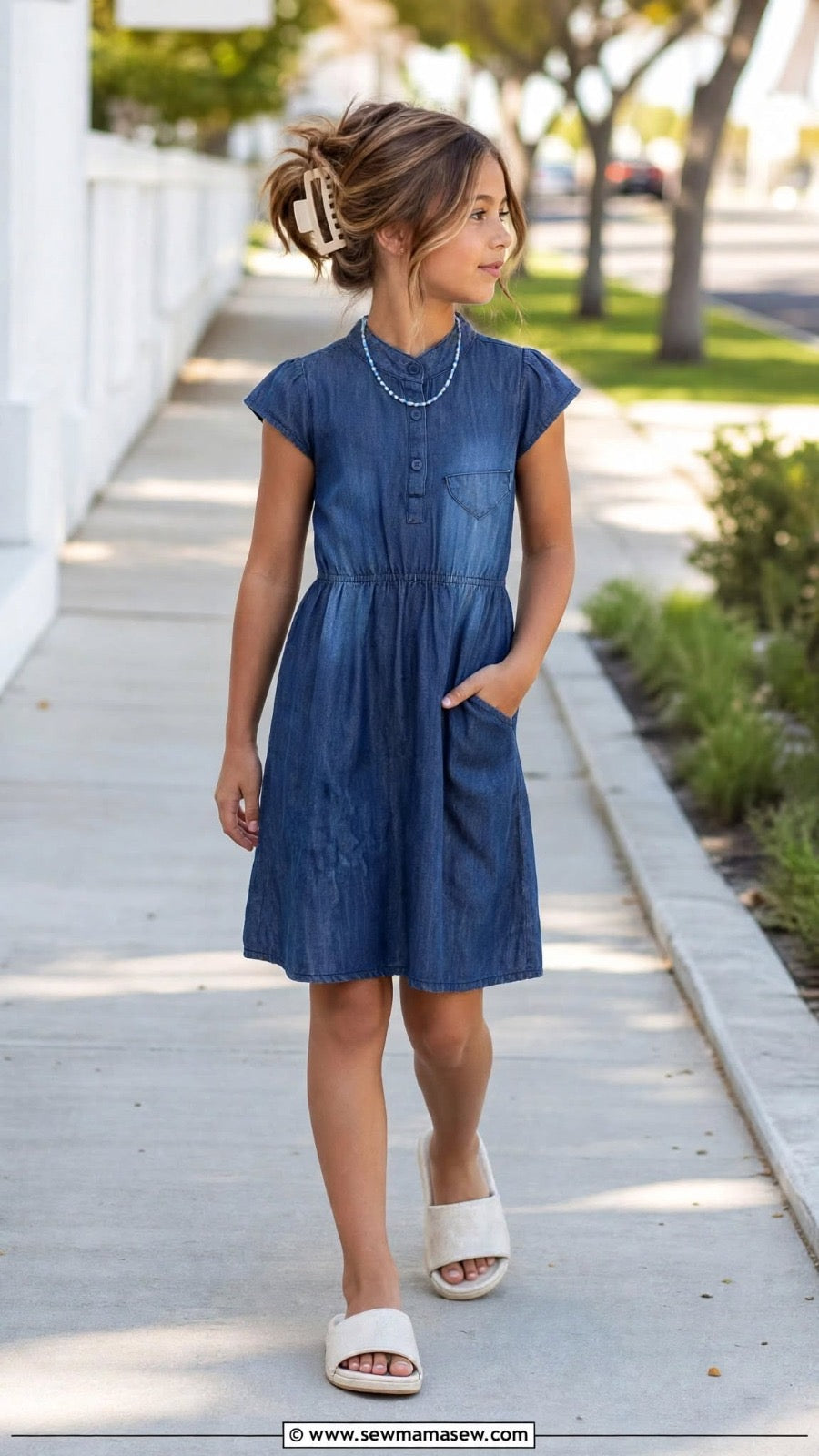 Girls Blue Denim Cap Sleeve Casual Dress with Elastic Waist (2–12 Years)