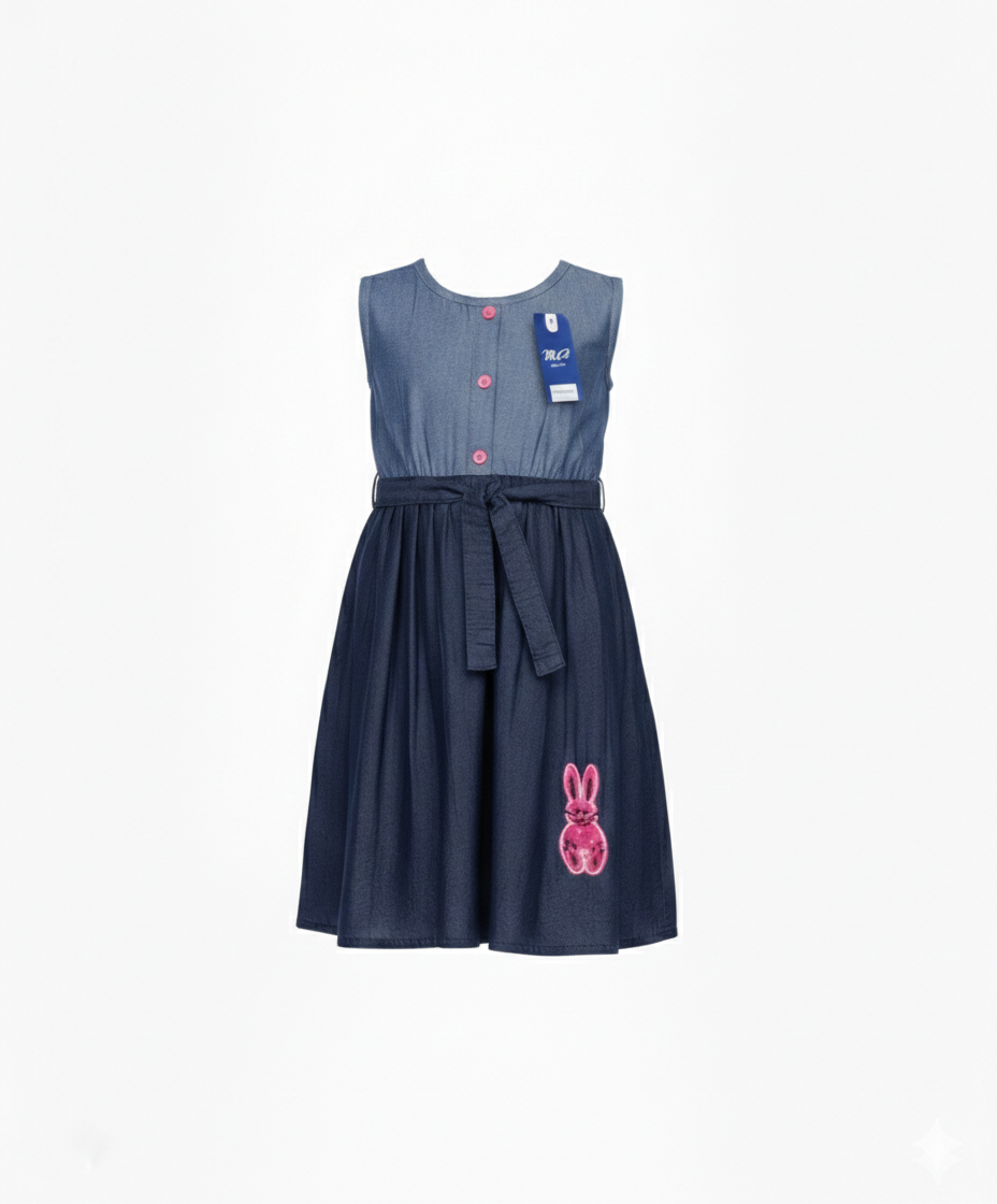 Girls Navy Blue Sleeveless Party Dress with Waist Tie Belt (2–12 Years)