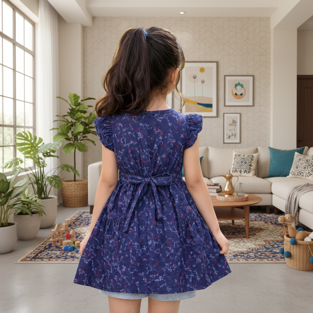 Girls Flower Printed Blue Denim Button-Down Tunic (2–12 Years)