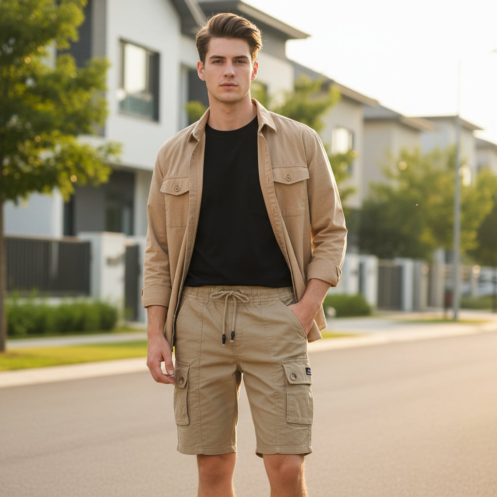 Men’s Beige Cargo Shorts 17-24 Years - Casual Drawstring Summer Shorts with Pockets | MH