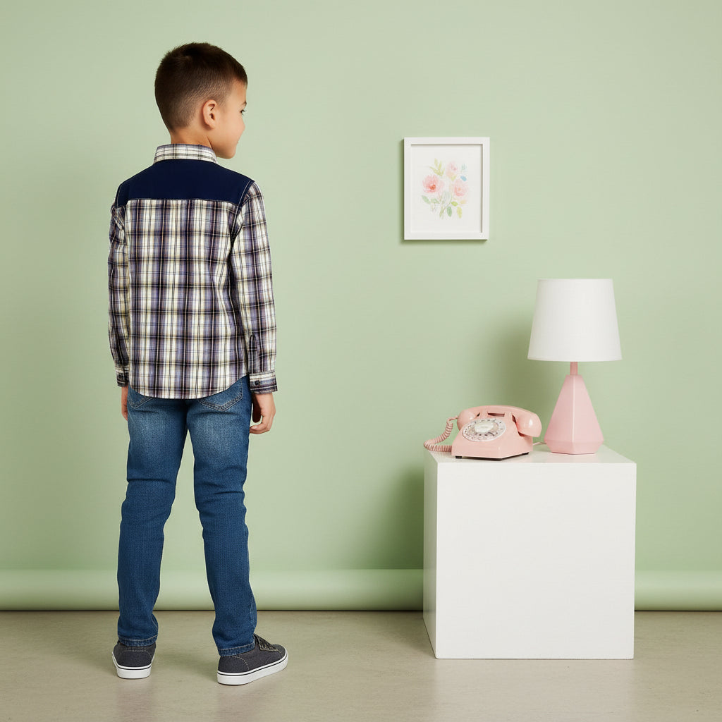 Boys’ Checkered Multi-Color Long Sleeve Button Up Shirt Plaid Contrast Shoulders | Sizes 2-12Years | MH