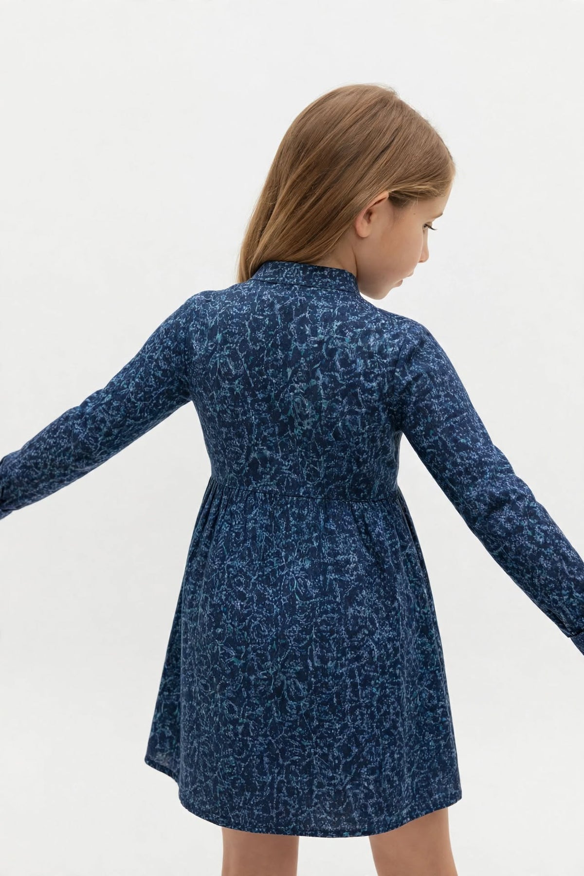 Girls Navy Blue Floral Texture Print Long Sleeve Shirt Dress | Pink Buttons Gathered Waist | Smart Casual | Ages 2–12 Years | MH