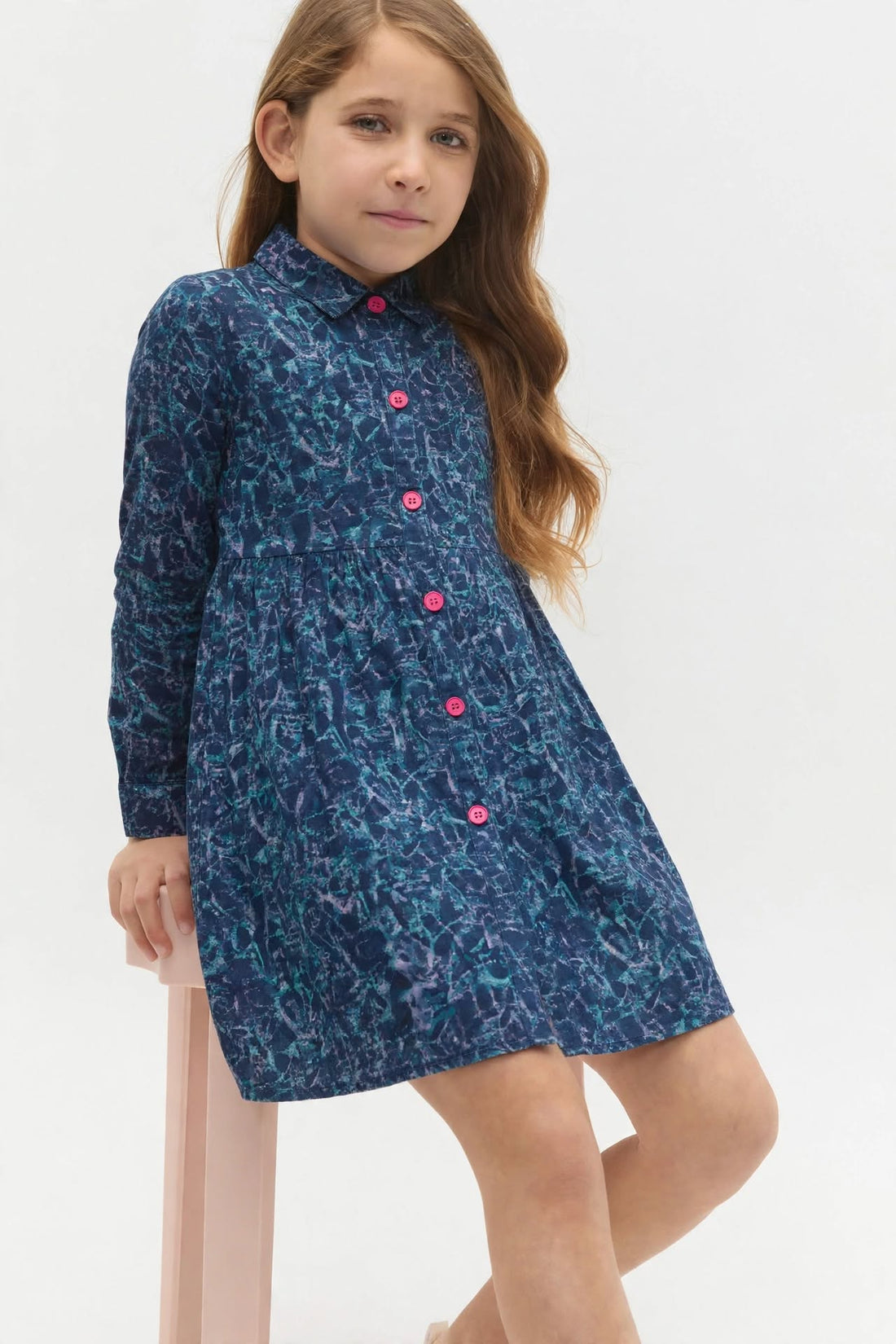 Girls Navy Blue Floral Texture Print Long Sleeve Shirt Dress | Pink Buttons Gathered Waist | Smart Casual | Ages 2–12 Years | MH