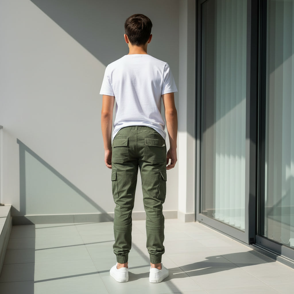 Big Boys Olive Cargo Jogger Trousers Ages 9-16 - Multiple Pockets Drawstring Pants | MH