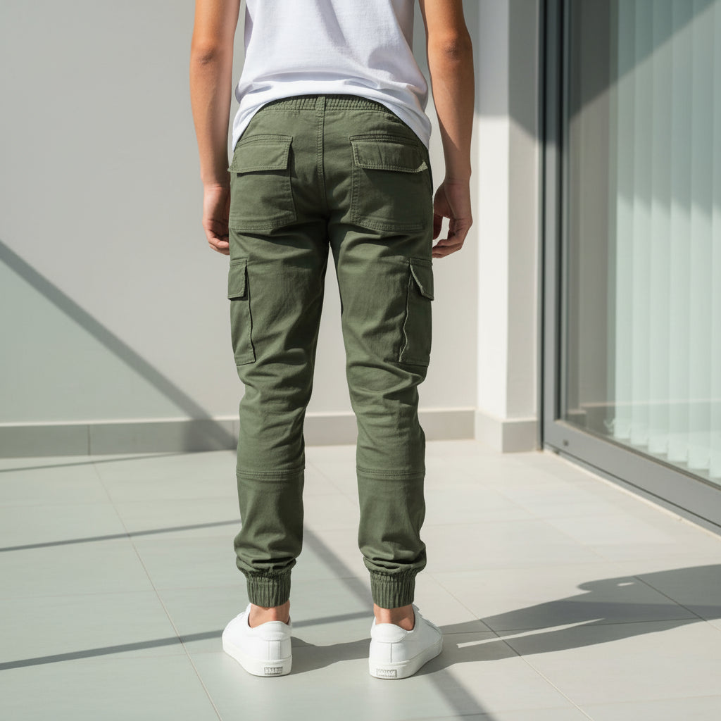 Big Boys Olive Cargo Jogger Trousers Ages 9-16 - Multiple Pockets Drawstring Pants | MH