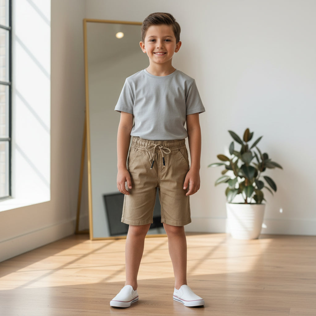 Boys Beige Casual Shorts 1-8 Years - Cotton Drawstring Summer Shorts with Pockets | MH