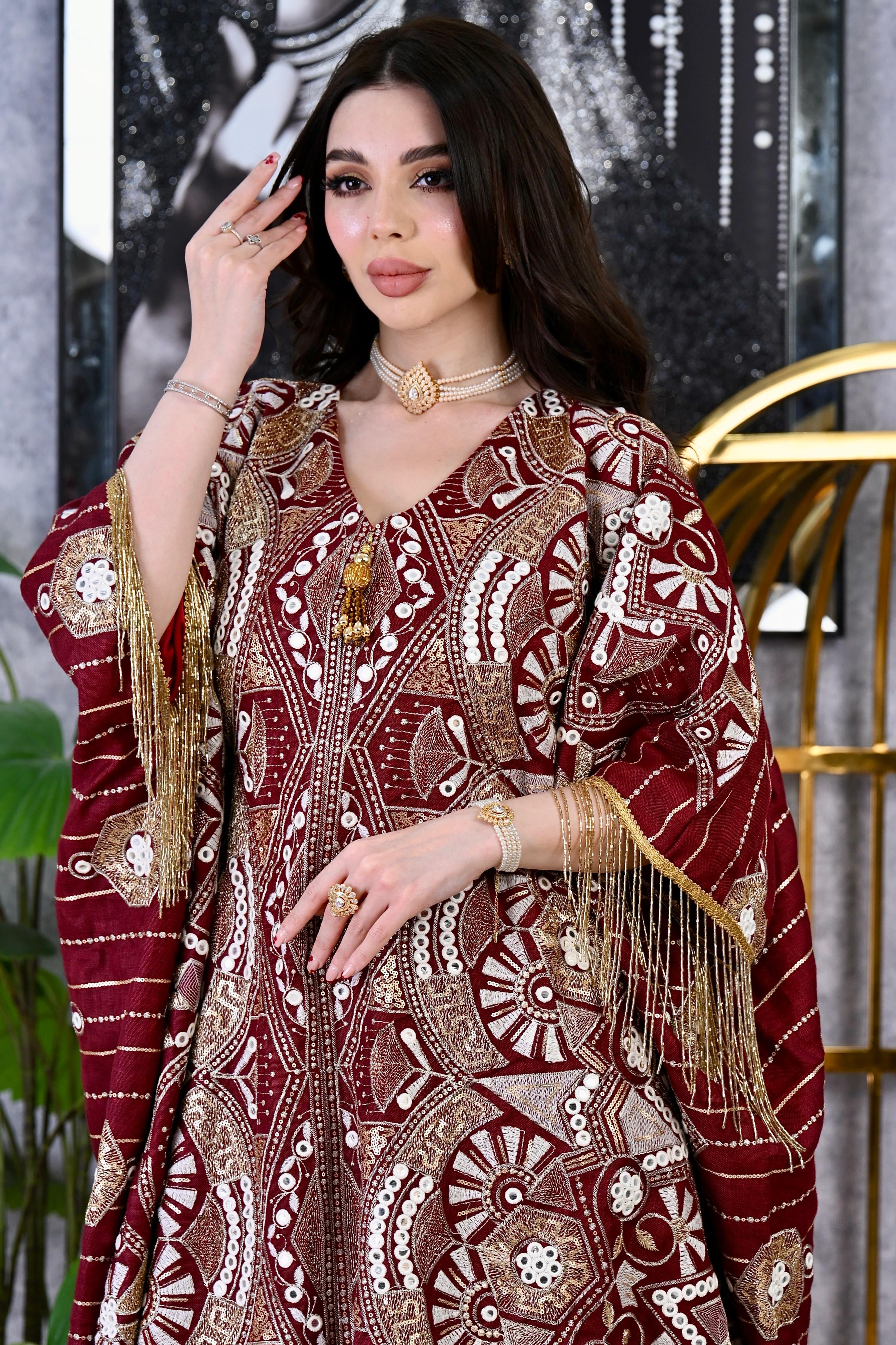 Embroidered Butterfly Kaftan with Tassel Sleeves | 4 Colors | Luxury Free Size Dress for Eid UAE | MH