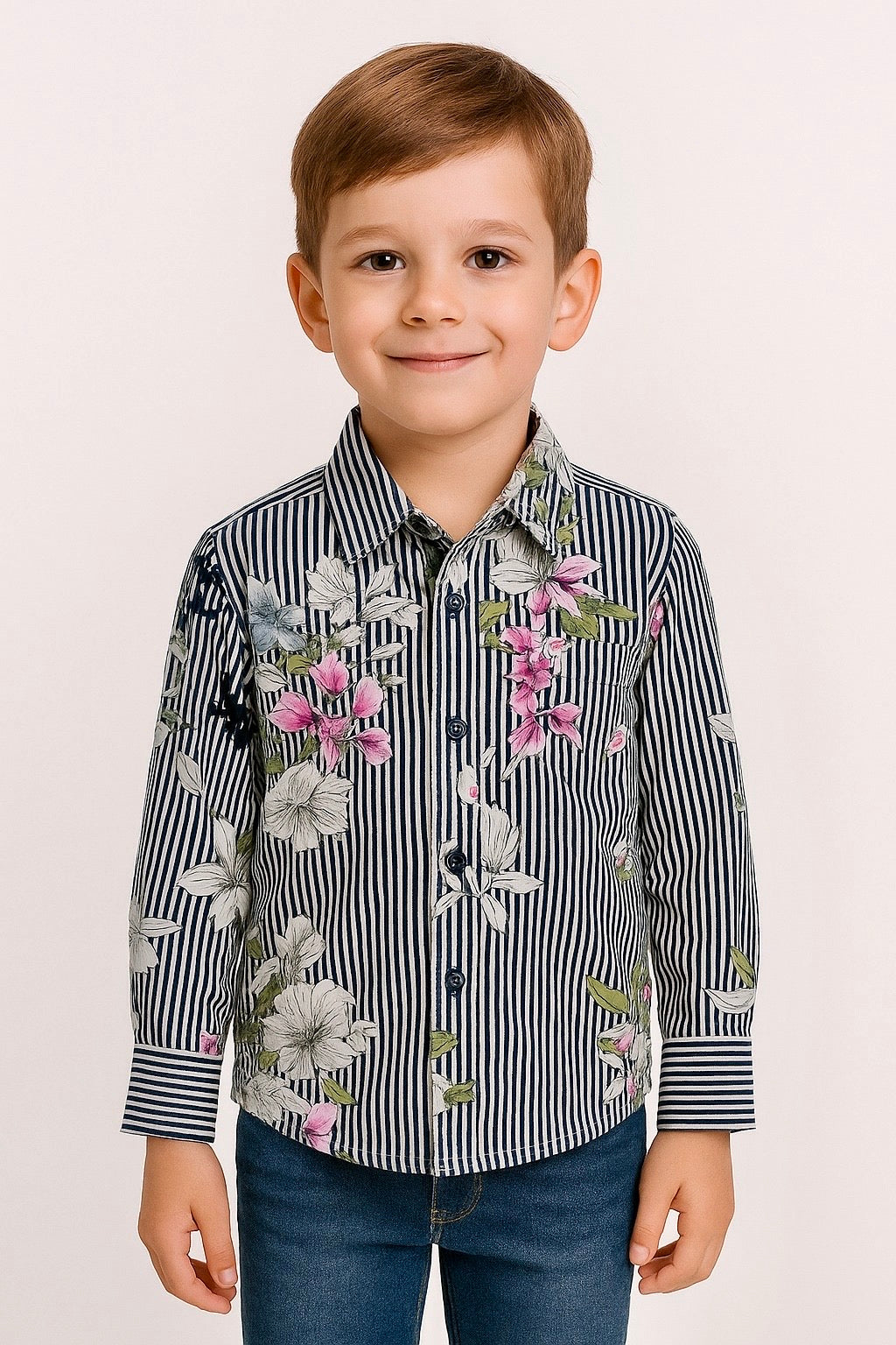 Boys Long Sleeve Floral Shirt Navy Pink Flowers Button Up Casual | Sizes 1-12Years | MH