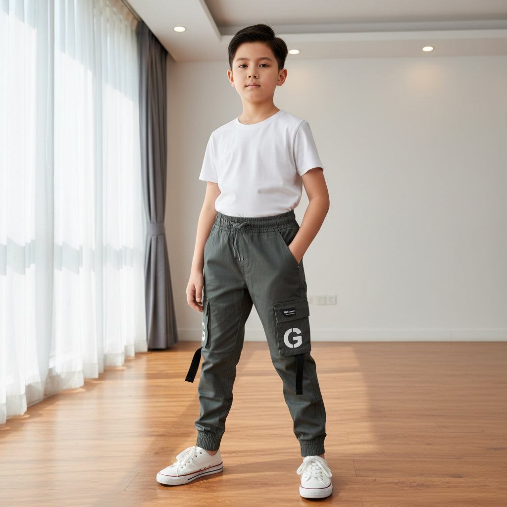 Teen Boys Grey Cargo Joggers 9-16 Years | Stylish Cargo Pants with “G” Patch Detail | MH