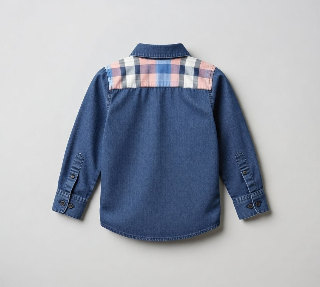 Boys Navy Blue Cotton Long Sleeve Shirt | Pink Plaid Contrast Yoke & Pocket | Ages 2–12 Years | MH