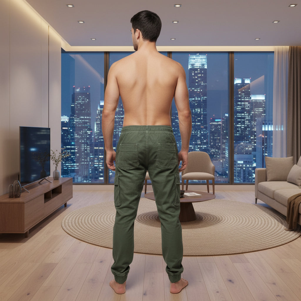 Young Men’s Olive Green Cargo Joggers 17-24 Years | Stylish Multiple Pockets Jogger Pants with “G” Patch | MH