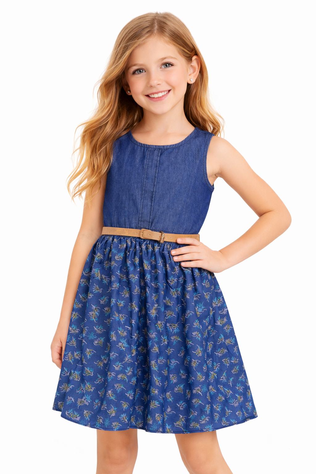 Sleeveless Navy Denim Floral Chambray Dress for Girls with Tan Belt | MH Kids Casual Sundress