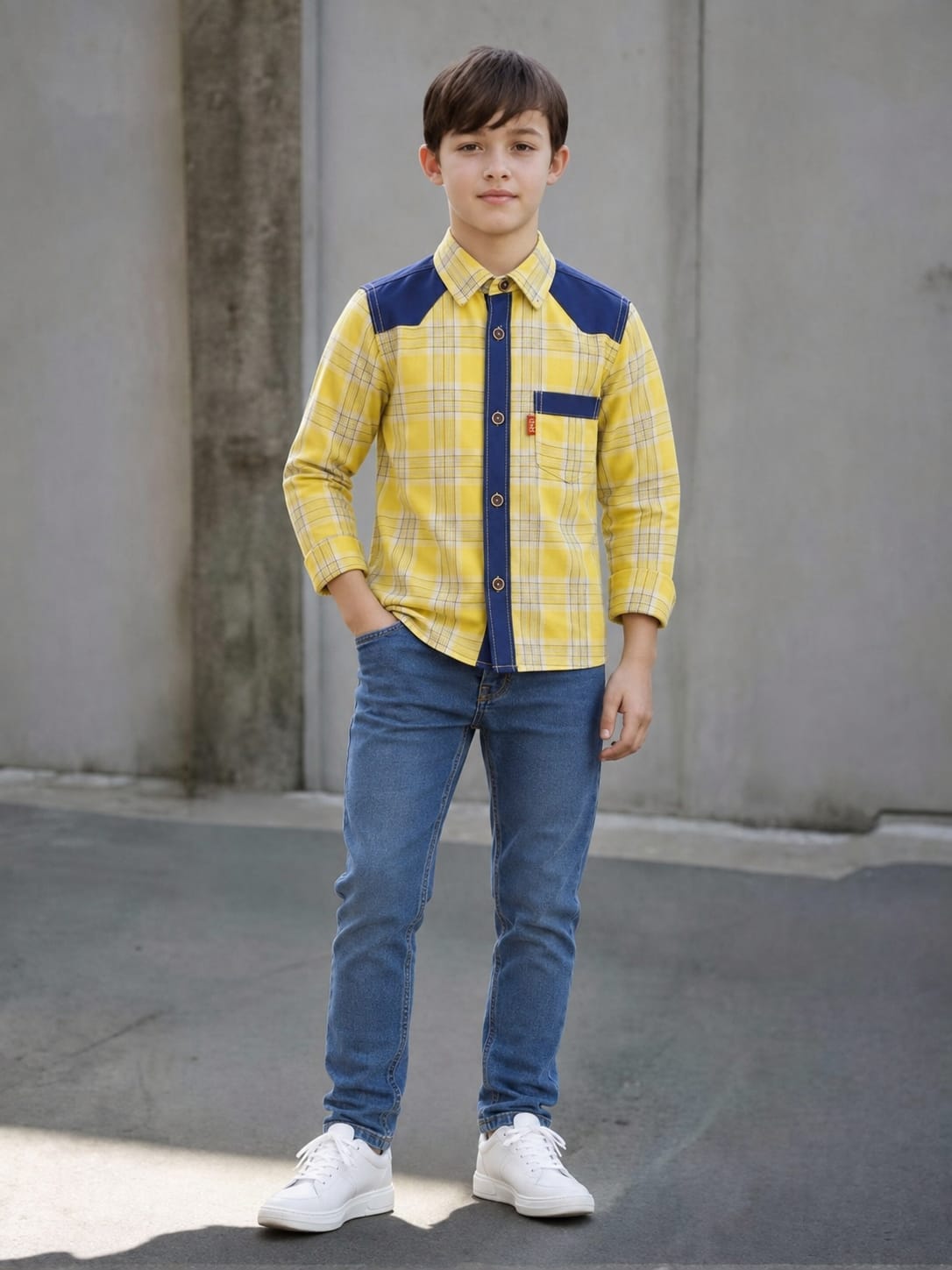 Boys' Navy Yoke Mustard Plaid Button-Down Shirt – Premium Cotton Western Style (Ages 2-12) | MH