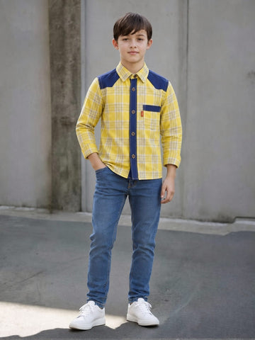 Boys' Navy Yoke Mustard Plaid Button-Down Shirt – Premium Cotton Western Style (Ages 2-12) | MH