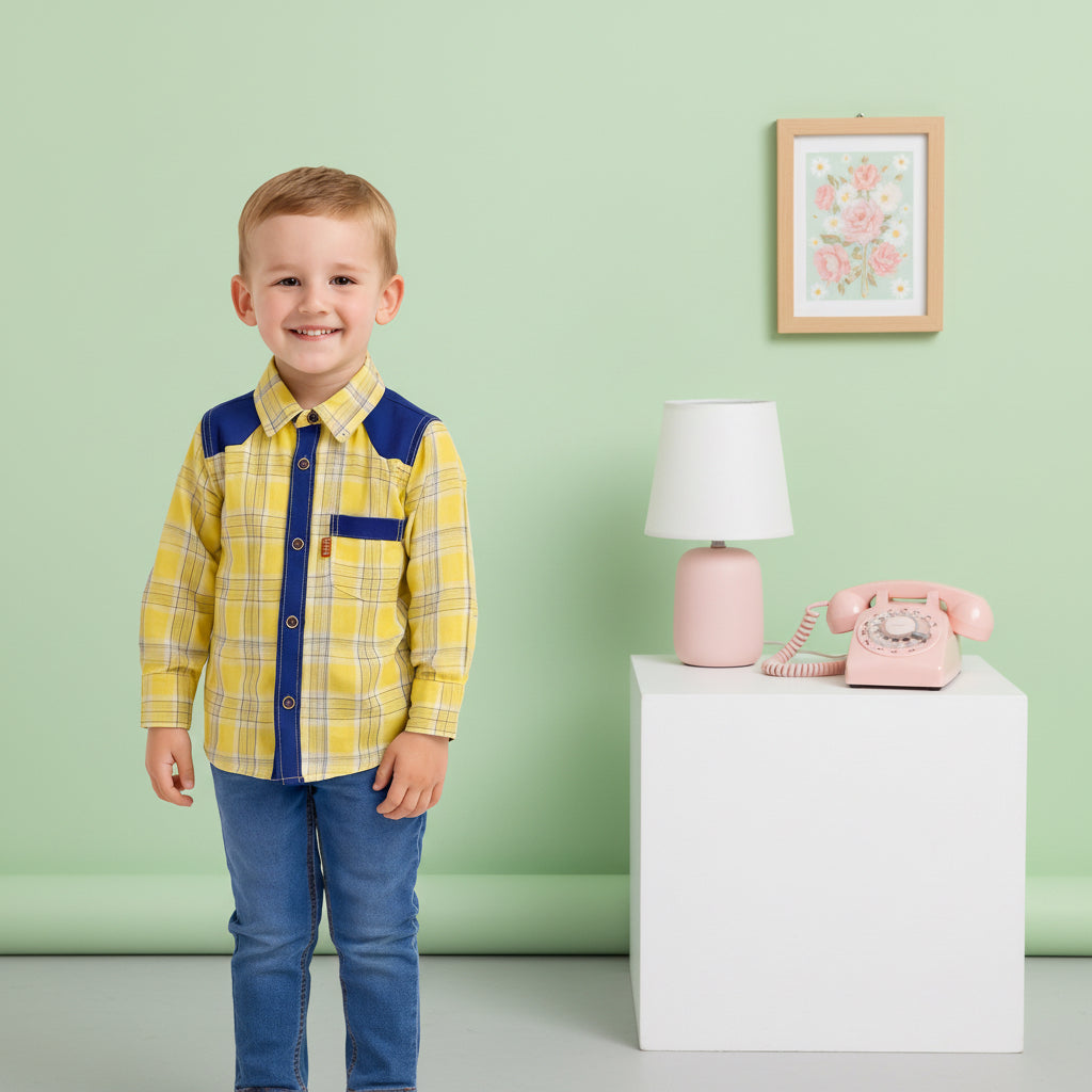Boys’ Checkered Multi-Color Long Sleeve Button Up Shirt Plaid Contrast Shoulders | Sizes 2-12Years | MH