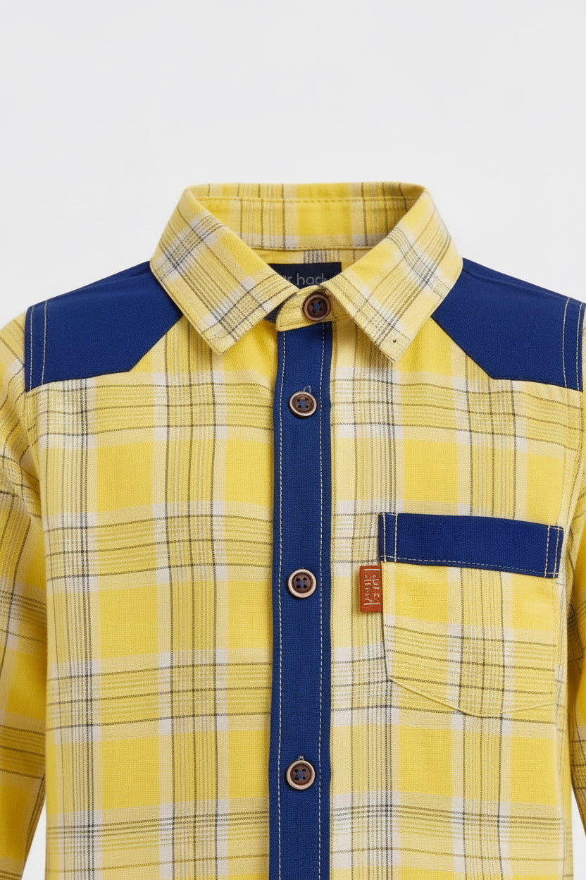 Boys’ Checkered Multi-Color Long Sleeve Button Up Shirt Plaid Contrast Shoulders | Sizes 2-12Years | MH